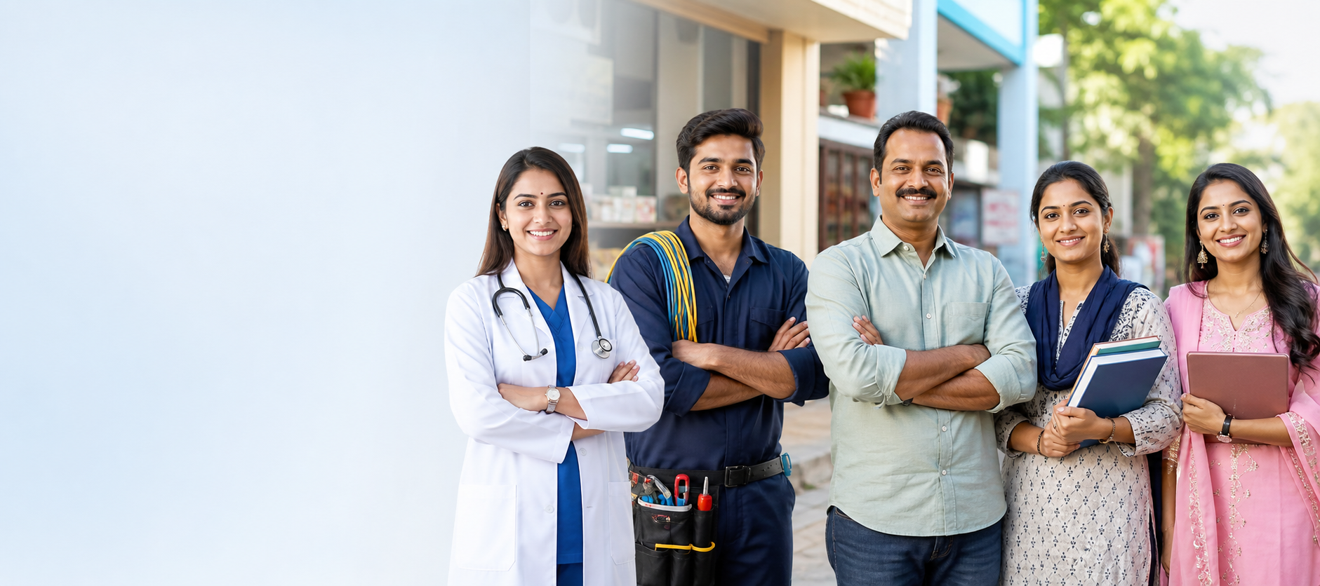 Indian local service professionals including a doctor, tutor, technician and shop owner