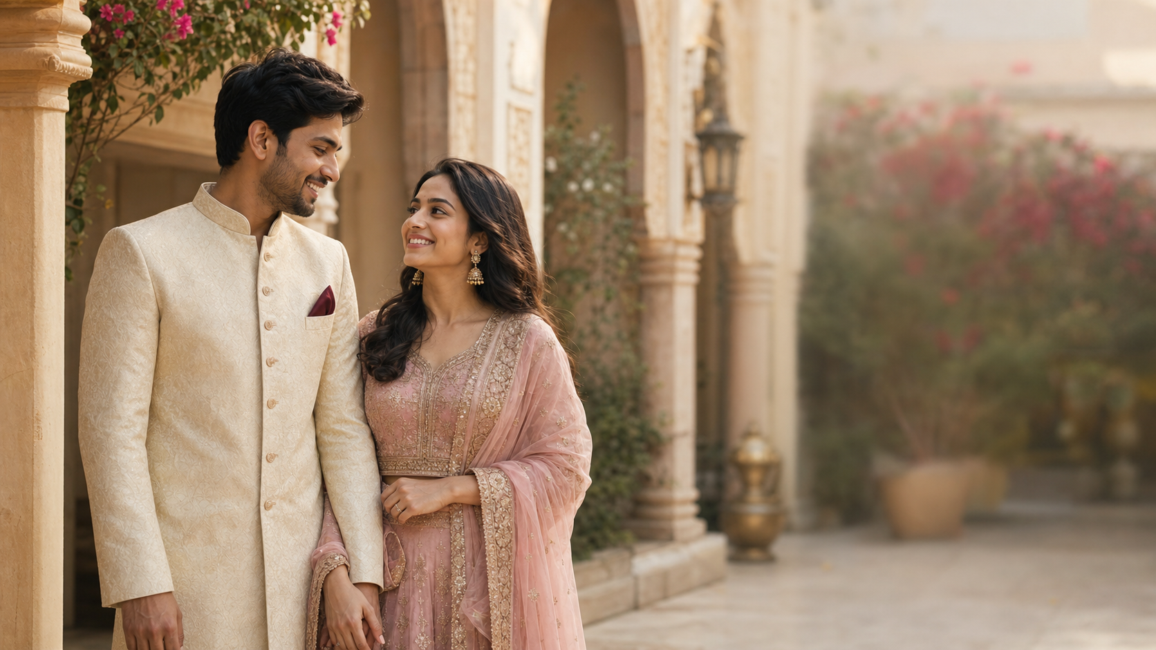 Adult Indian couple in elegant festive clothing at a heritage courtyard